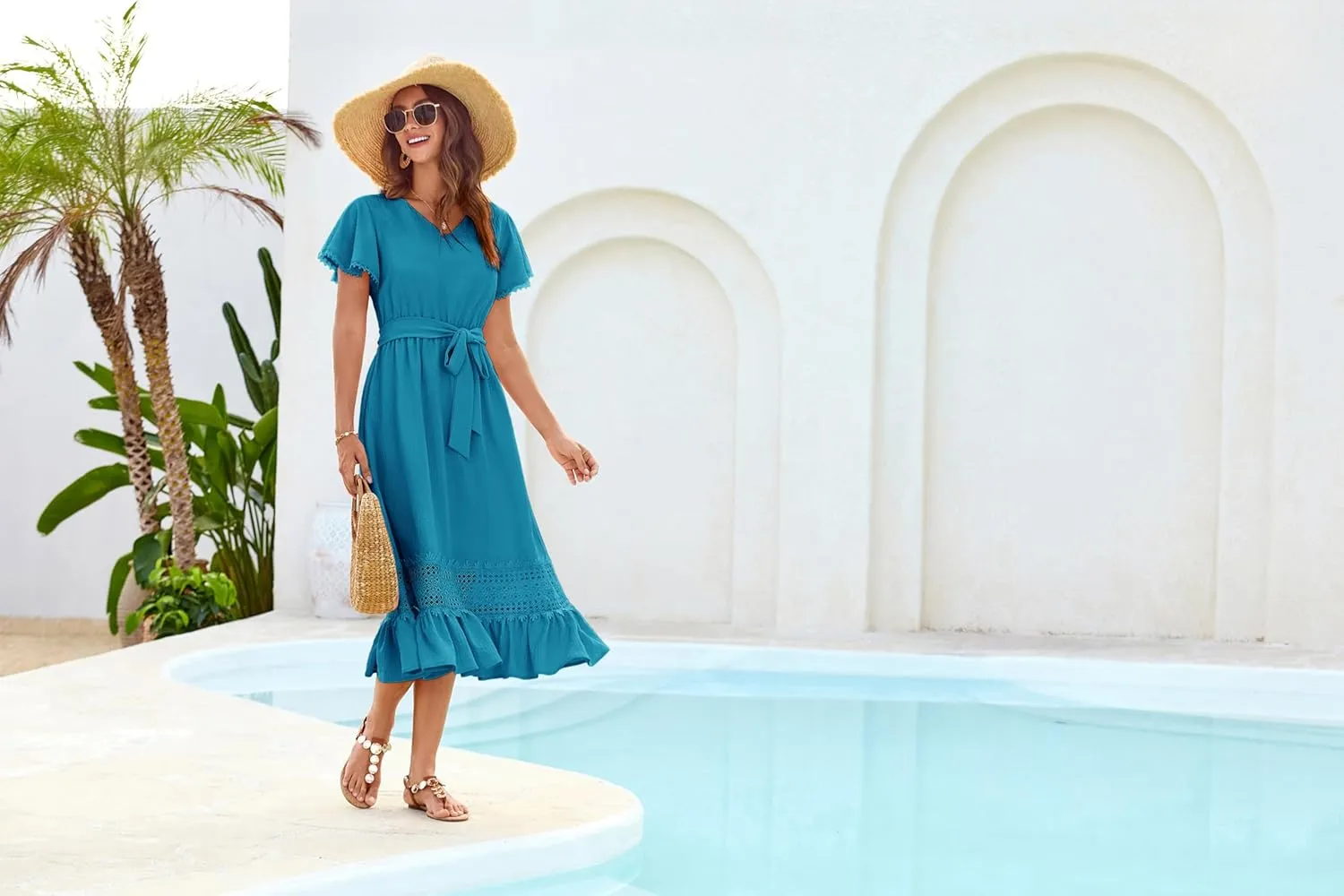 GRACE KARIN Women's Summer Casual V Neck Ruffle Short Sleeve A-Line Floral Embroidery Flowy Midi Dress with Belt