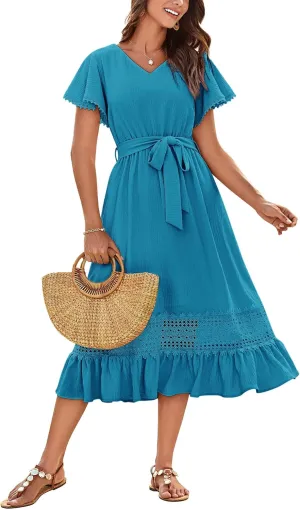GRACE KARIN Women's Summer Casual V Neck Ruffle Short Sleeve A-Line Floral Embroidery Flowy Midi Dress with Belt