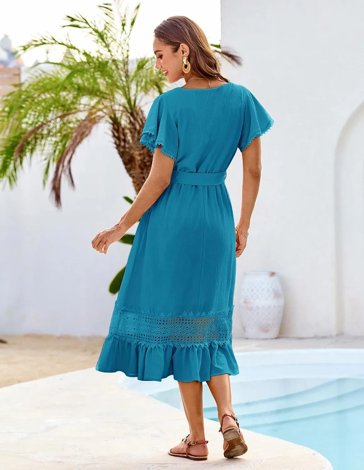 GRACE KARIN Women's Summer Casual V Neck Ruffle Short Sleeve A-Line Floral Embroidery Flowy Midi Dress with Belt
