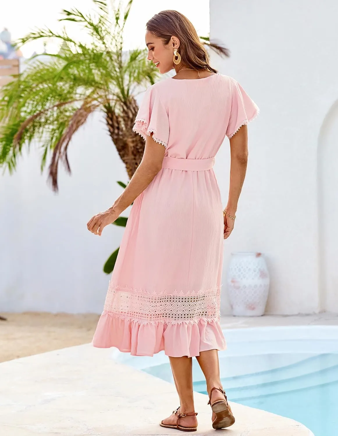 GRACE KARIN Women's Summer Casual V Neck Ruffle Short Sleeve A-Line Floral Embroidery Flowy Midi Dress with Belt