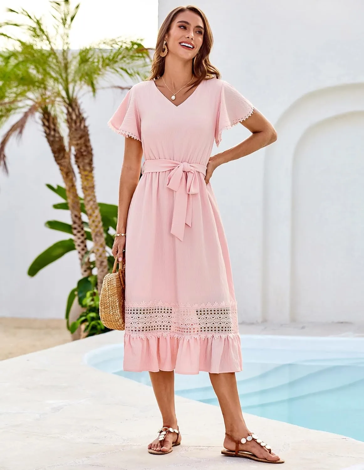 GRACE KARIN Women's Summer Casual V Neck Ruffle Short Sleeve A-Line Floral Embroidery Flowy Midi Dress with Belt