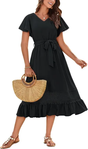 GRACE KARIN Women's Summer Casual V Neck Ruffle Short Sleeve A-Line Floral Embroidery Flowy Midi Dress with Belt