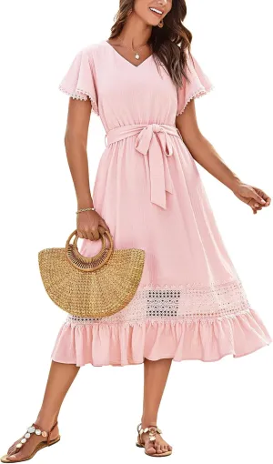 GRACE KARIN Women's Summer Casual V Neck Ruffle Short Sleeve A-Line Floral Embroidery Flowy Midi Dress with Belt