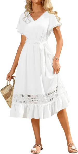 GRACE KARIN Women's Summer Casual V Neck Ruffle Short Sleeve A-Line Floral Embroidery Flowy Midi Dress with Belt