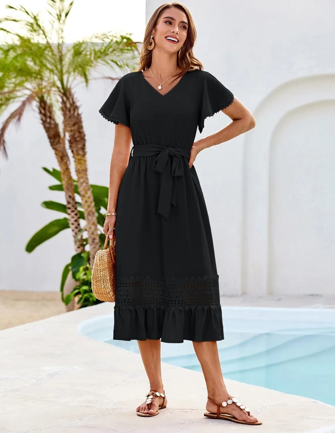 GRACE KARIN Women's Summer Casual V Neck Ruffle Short Sleeve A-Line Floral Embroidery Flowy Midi Dress with Belt