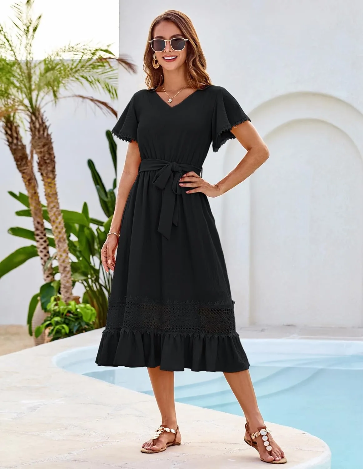 GRACE KARIN Women's Summer Casual V Neck Ruffle Short Sleeve A-Line Floral Embroidery Flowy Midi Dress with Belt
