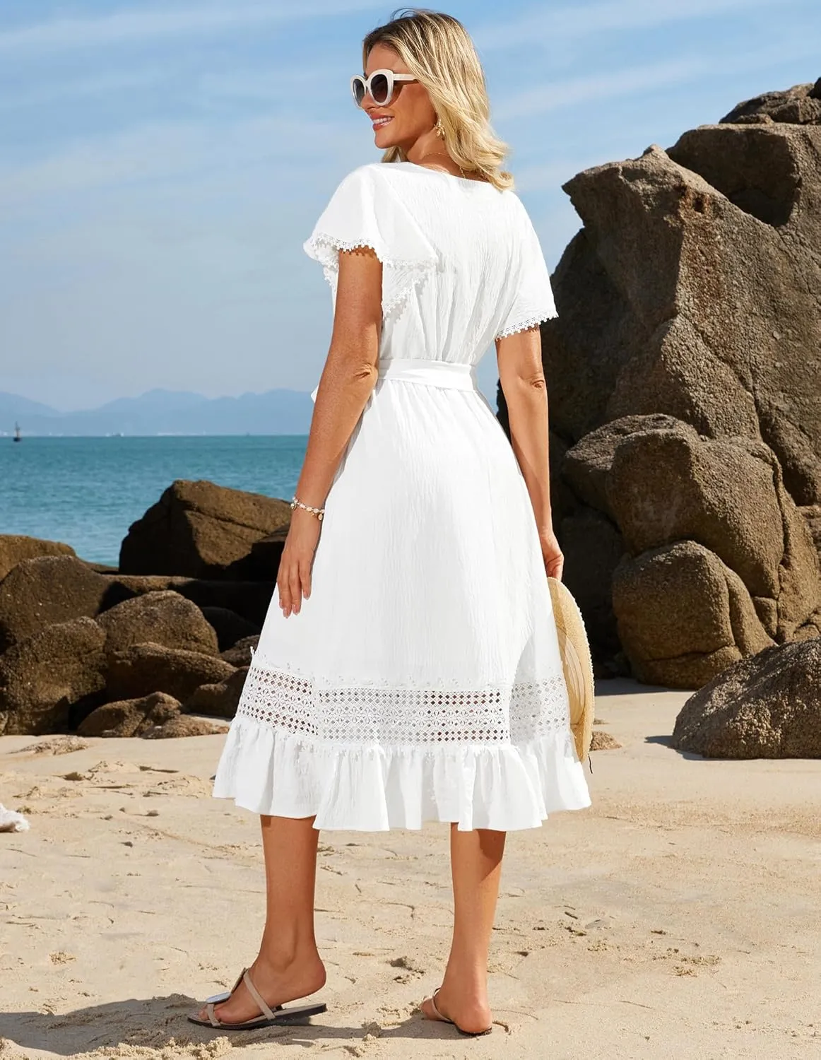 GRACE KARIN Women's Summer Casual V Neck Ruffle Short Sleeve A-Line Floral Embroidery Flowy Midi Dress with Belt