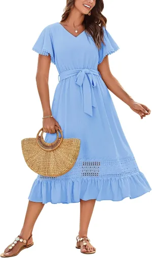 GRACE KARIN Women's Summer Casual V Neck Ruffle Short Sleeve A-Line Floral Embroidery Flowy Midi Dress with Belt
