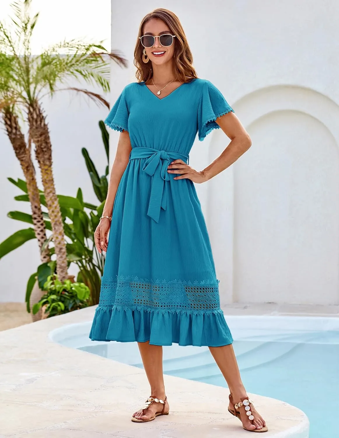GRACE KARIN Women's Summer Casual V Neck Ruffle Short Sleeve A-Line Floral Embroidery Flowy Midi Dress with Belt
