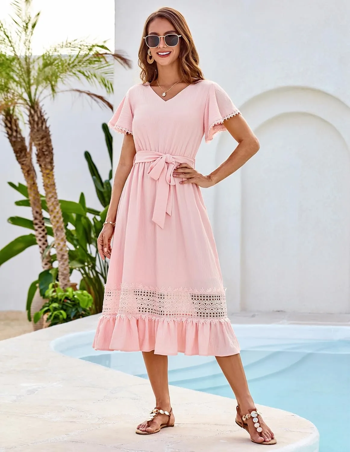 GRACE KARIN Women's Summer Casual V Neck Ruffle Short Sleeve A-Line Floral Embroidery Flowy Midi Dress with Belt