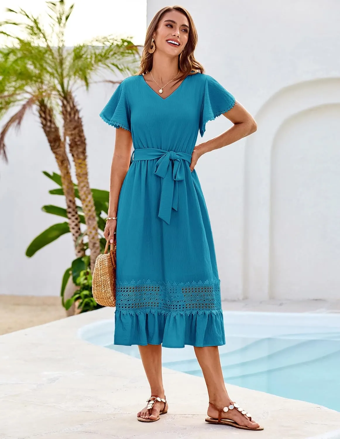 GRACE KARIN Women's Summer Casual V Neck Ruffle Short Sleeve A-Line Floral Embroidery Flowy Midi Dress with Belt