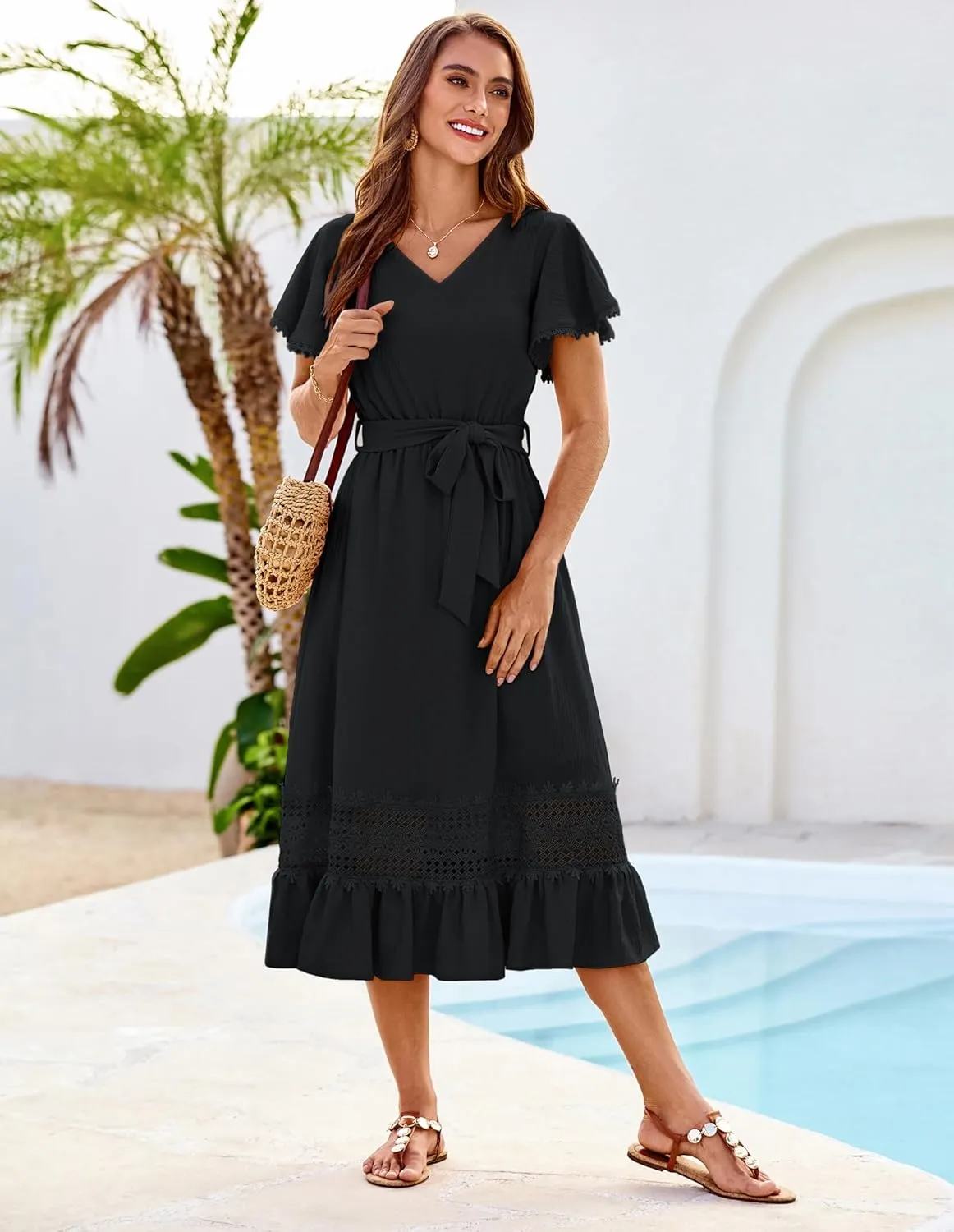 GRACE KARIN Women's Summer Casual V Neck Ruffle Short Sleeve A-Line Floral Embroidery Flowy Midi Dress with Belt