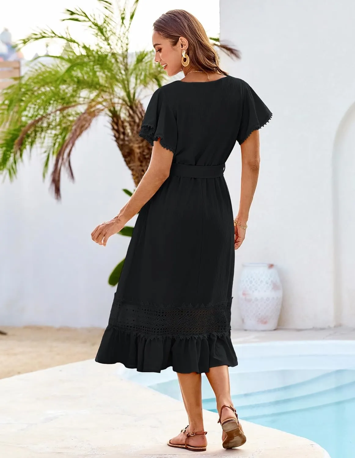 GRACE KARIN Women's Summer Casual V Neck Ruffle Short Sleeve A-Line Floral Embroidery Flowy Midi Dress with Belt