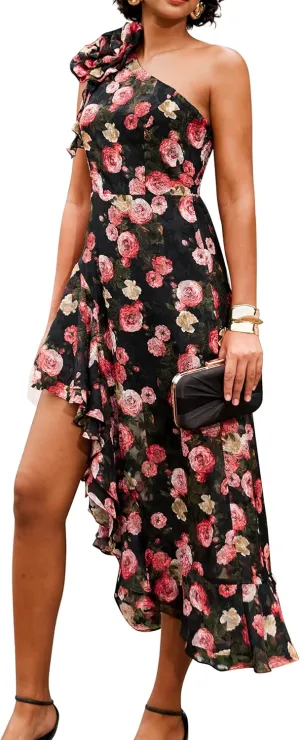 GRACE KARIN Womens Summer One Shoulder Sleeveless Dresses Floral Flowy Ruffle High Low Wedding Guest Maxi Sundresses