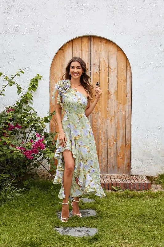 GRACE KARIN Womens Summer One Shoulder Sleeveless Dresses Floral Flowy Ruffle High Low Wedding Guest Maxi Sundresses