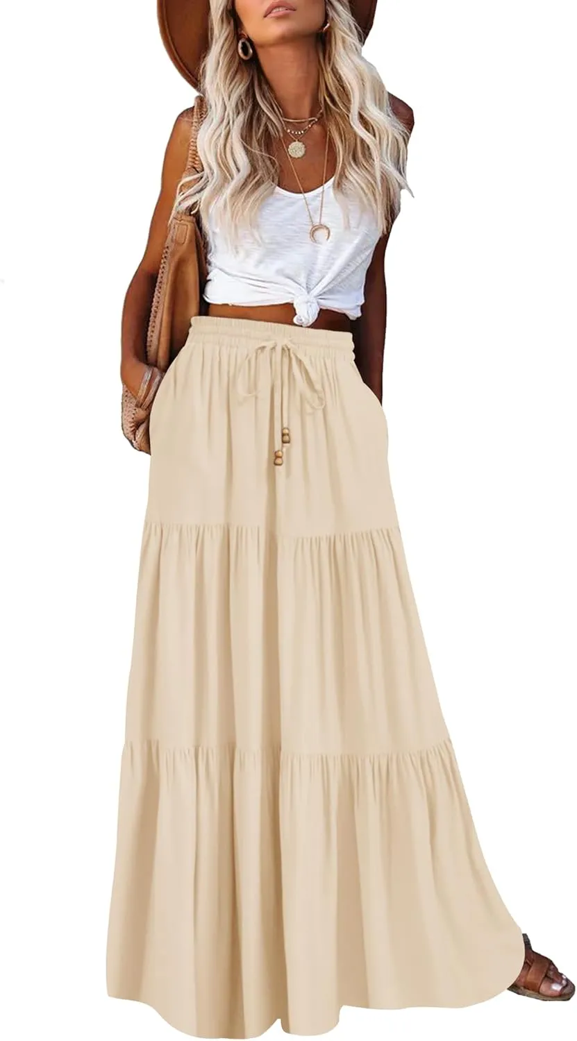 HAEOF Women's Summer Boho Maxi Skirt A-Line Flowy Ruffle Tiered Elastic High Waist Beach Long Skirts with Pockets