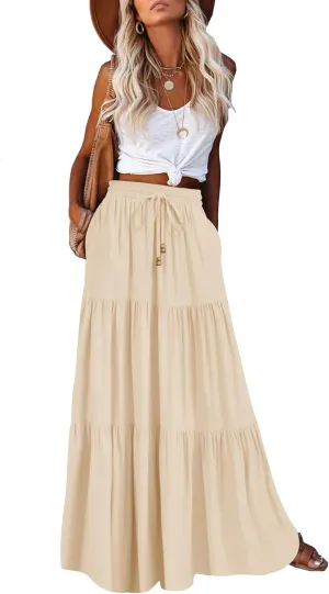 HAEOF Women's Summer Boho Maxi Skirt A-Line Flowy Ruffle Tiered Elastic High Waist Beach Long Skirts with Pockets