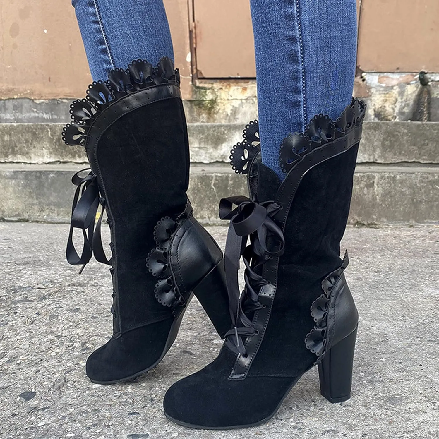 Halloween Boots for Women Women Vintage Victorian Boots 70s Lace Up Mid Calf Renaissance Boots Fall Winter Boots