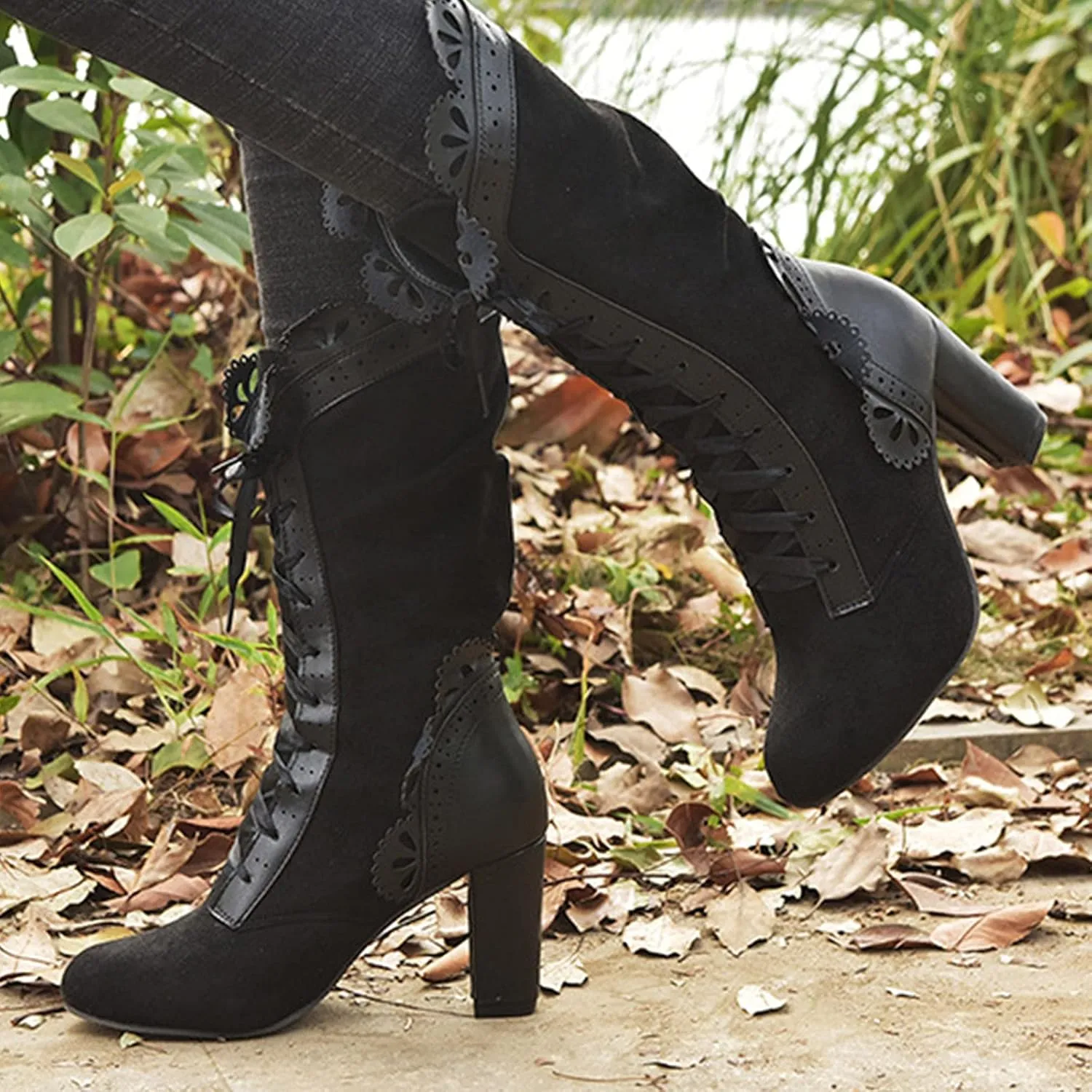 Halloween Boots for Women Women Vintage Victorian Boots 70s Lace Up Mid Calf Renaissance Boots Fall Winter Boots