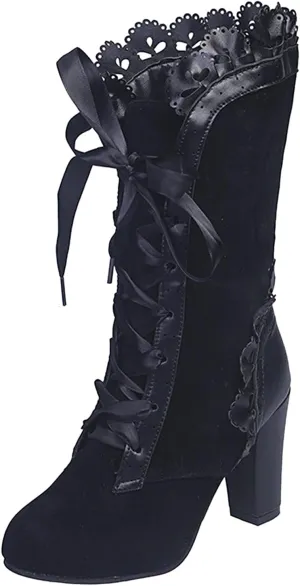 Halloween Boots for Women Women Vintage Victorian Boots 70s Lace Up Mid Calf Renaissance Boots Fall Winter Boots