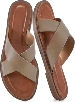 HARENCE Womens Flat Slides Sandals: Dressy Summer Slip On Flats Shoes Comfortable Open Toe Walking Beach Slide Sandal