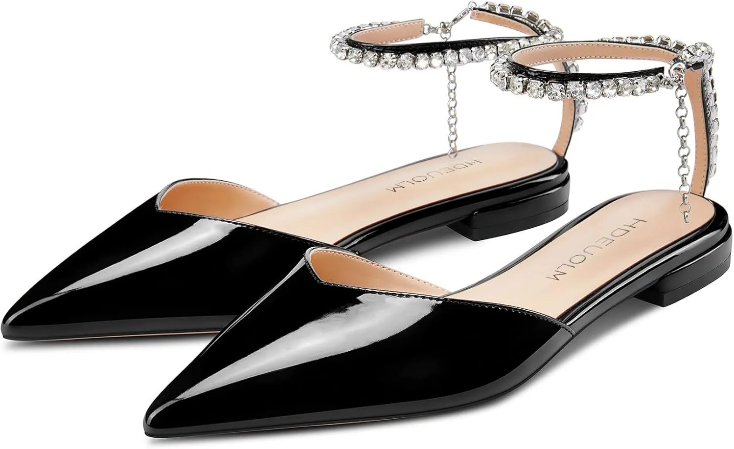 HDEUOLM Women Chunky Block Low Heel Pointed Toe Pumps Ankle Strap Slingback Rhinestone Crystal Wedding Dress Flats Shoes