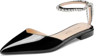 HDEUOLM Women Chunky Block Low Heel Pointed Toe Pumps Ankle Strap Slingback Rhinestone Crystal Wedding Dress Flats Shoes