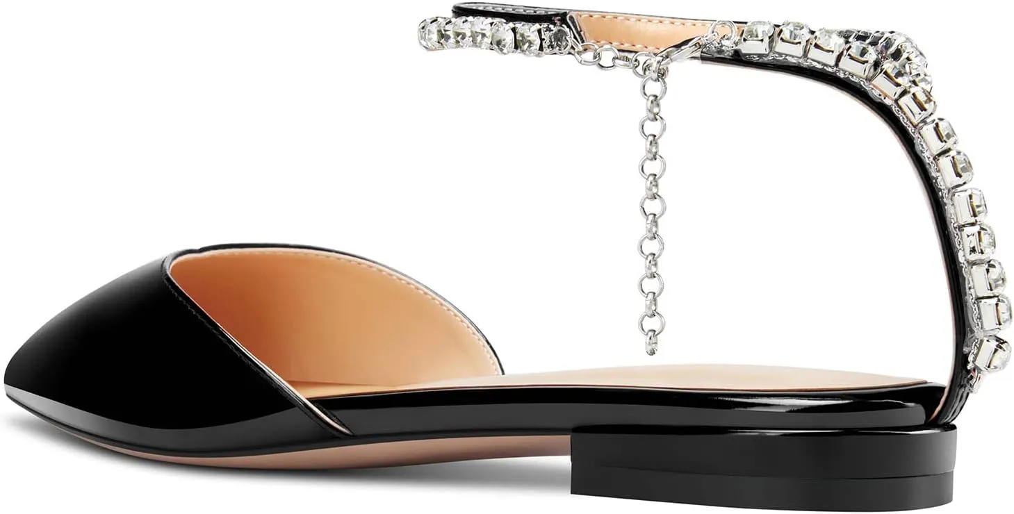 HDEUOLM Women Chunky Block Low Heel Pointed Toe Pumps Ankle Strap Slingback Rhinestone Crystal Wedding Dress Flats Shoes