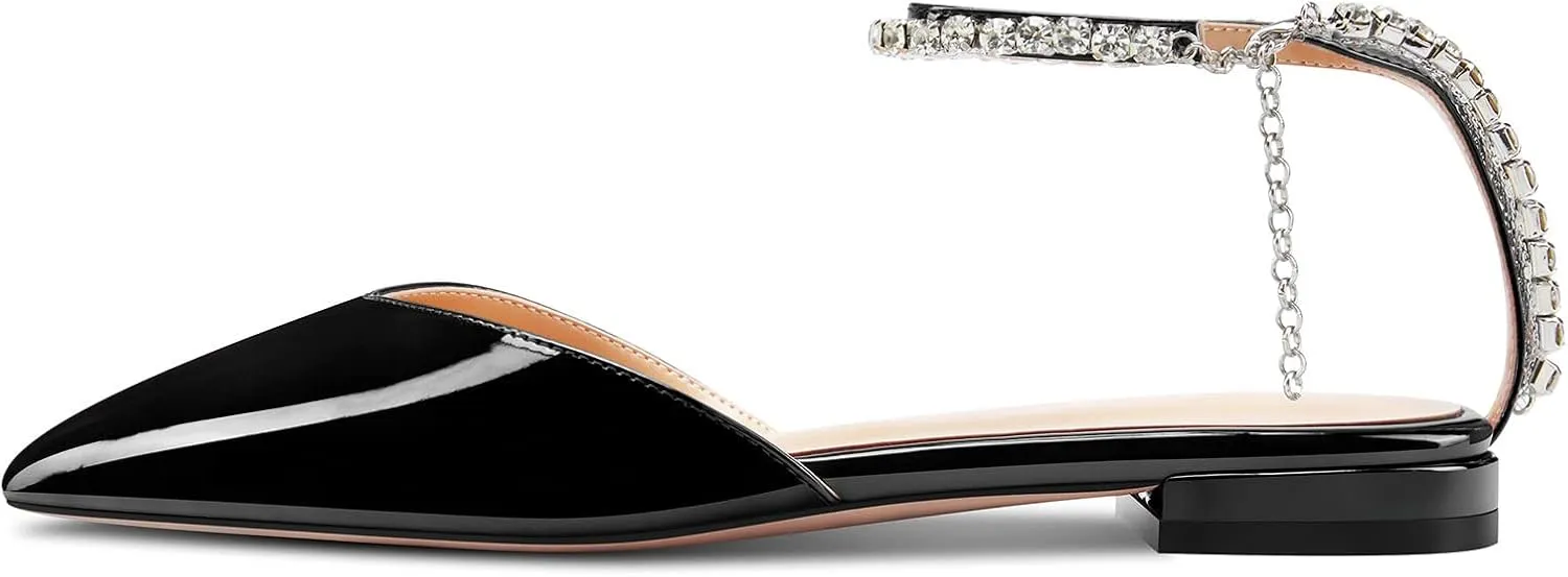HDEUOLM Women Chunky Block Low Heel Pointed Toe Pumps Ankle Strap Slingback Rhinestone Crystal Wedding Dress Flats Shoes