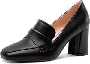 HDEUOLM Womens Chunky Block Mid Heel Square Toe Pumps Slip-on Loafers Shoes Office Basic Classic 3.2 Inches Shoes