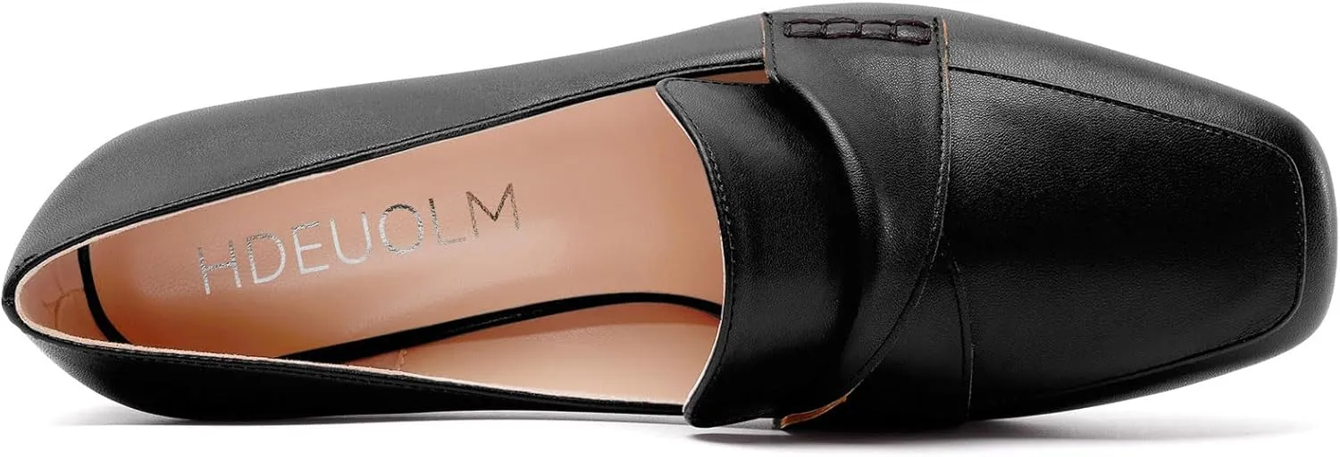 HDEUOLM Womens Chunky Block Mid Heel Square Toe Pumps Slip-on Loafers Shoes Office Basic Classic 3.2 Inches Shoes