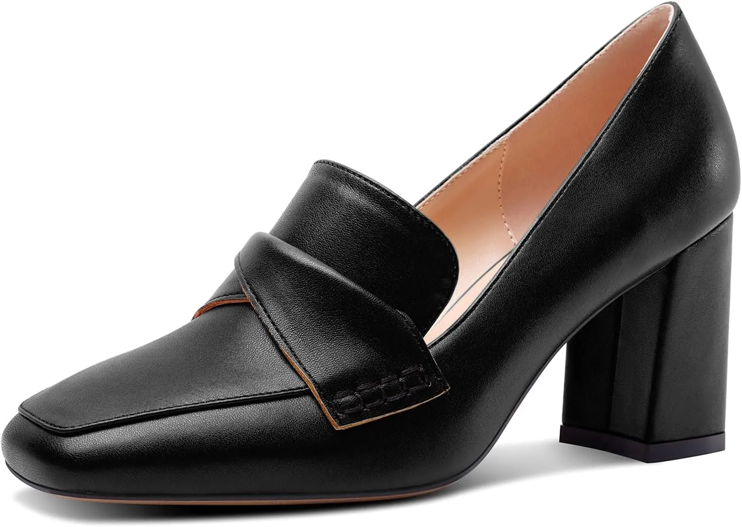 HDEUOLM Womens Chunky Block Mid Heel Square Toe Pumps Slip-on Loafers Shoes Office Basic Classic 3.2 Inches Shoes