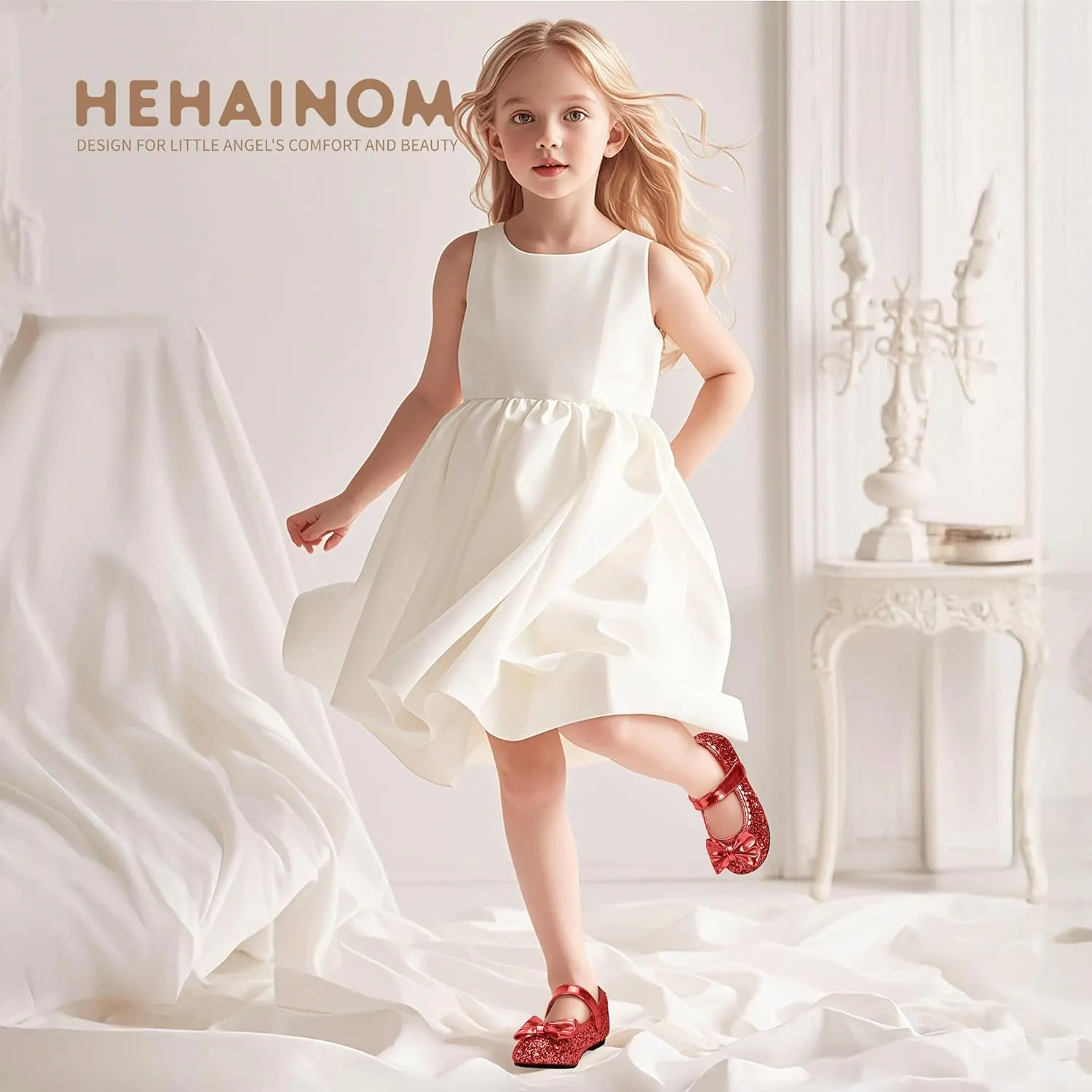Hehainom Toddler Girls Dress Shoes Little Kids Flower Girl Sparkle Bow Ballet Flats School Wedding Party Shoes
