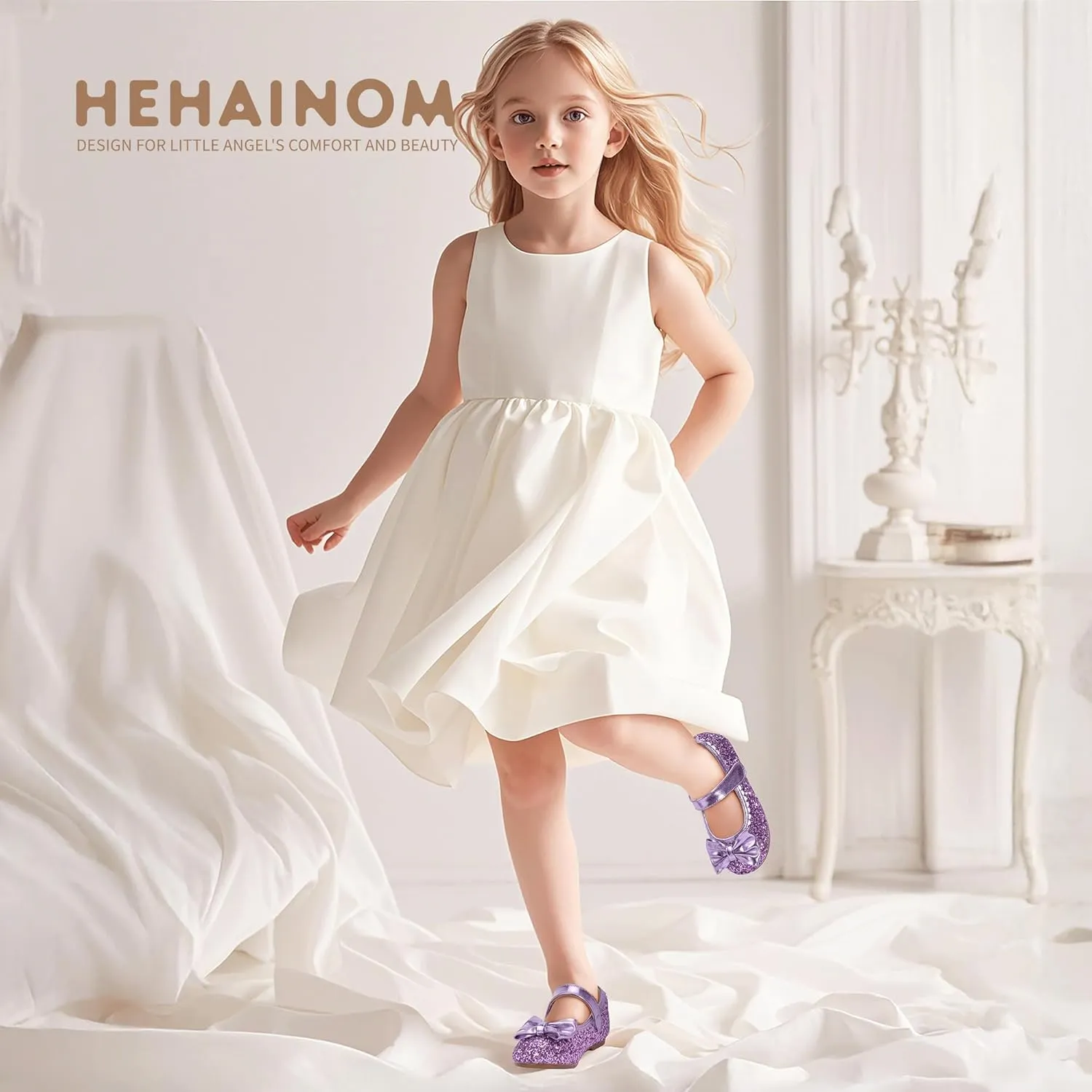 Hehainom Toddler Girls Dress Shoes Little Kids Flower Girl Sparkle Bow Ballet Flats School Wedding Party Shoes