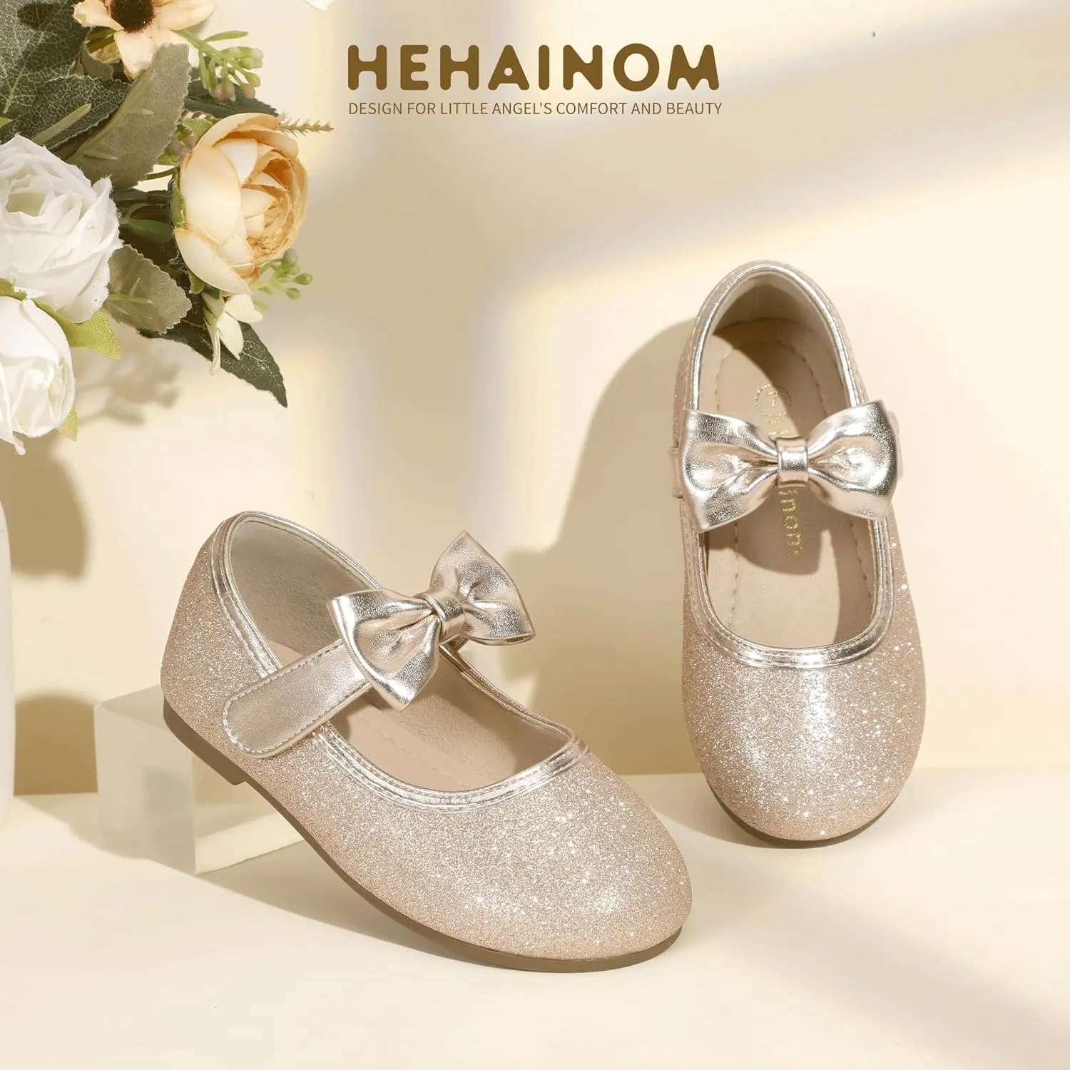 Hehainom Toddler Girls Dress Shoes Little Kids Flower Girl Sparkle Bow Ballet Flats School Wedding Party Shoes