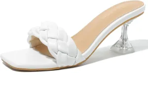 Heiyom Women's Square Toe Stilettos Heels Mules Sandals Sexy Braided Slip on Clear High Heels Party Prom Dress Shoes