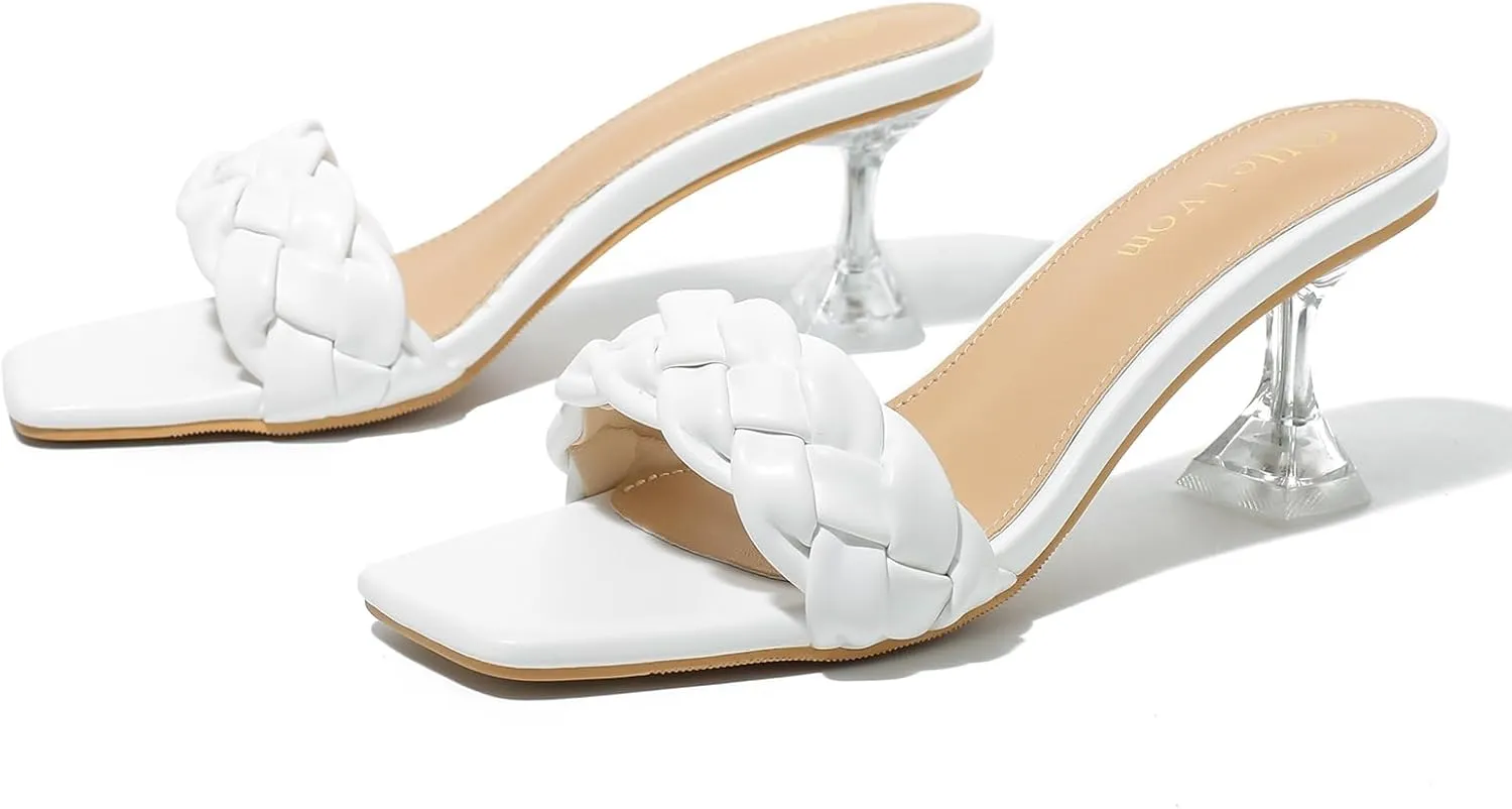 Heiyom Women's Square Toe Stilettos Heels Mules Sandals Sexy Braided Slip on Clear High Heels Party Prom Dress Shoes
