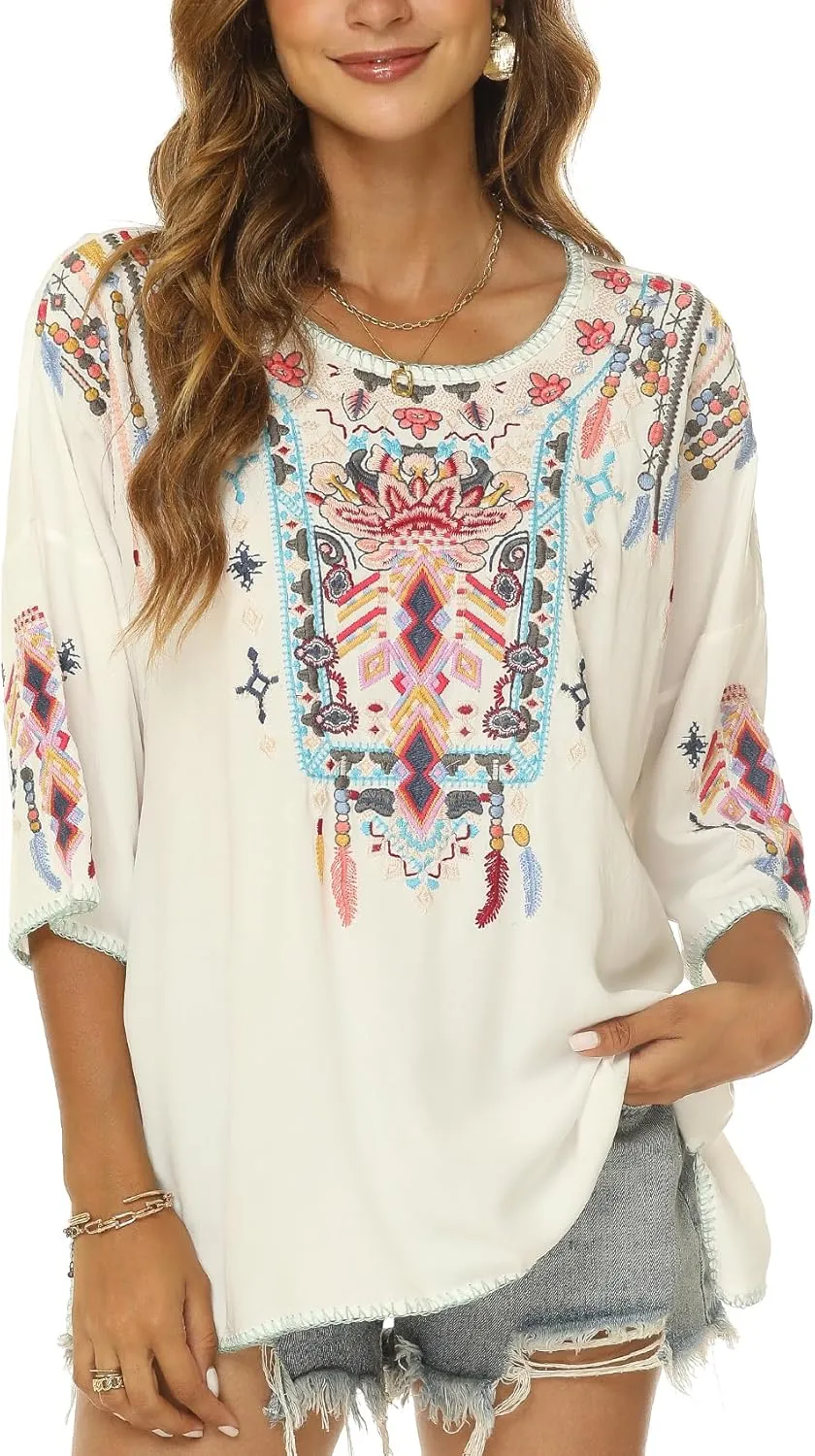Higustar Mexican Embroidered Tops for Women Traditional Boho Tunics Bohemian Shirts Plus Size Peasant Clothes Blouses