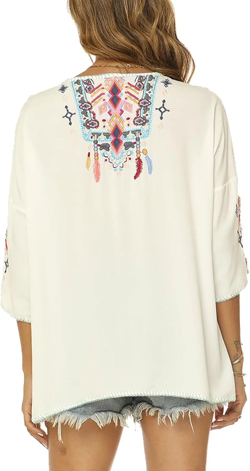 Higustar Mexican Embroidered Tops for Women Traditional Boho Tunics Bohemian Shirts Plus Size Peasant Clothes Blouses