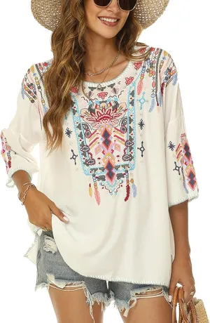 Higustar Mexican Embroidered Tops for Women Traditional Boho Tunics Bohemian Shirts Plus Size Peasant Clothes Blouses