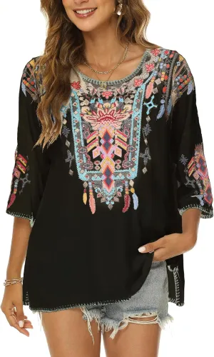 Higustar Mexican Embroidered Tops for Women Traditional Boho Tunics Bohemian Shirts Plus Size Peasant Clothes Blouses