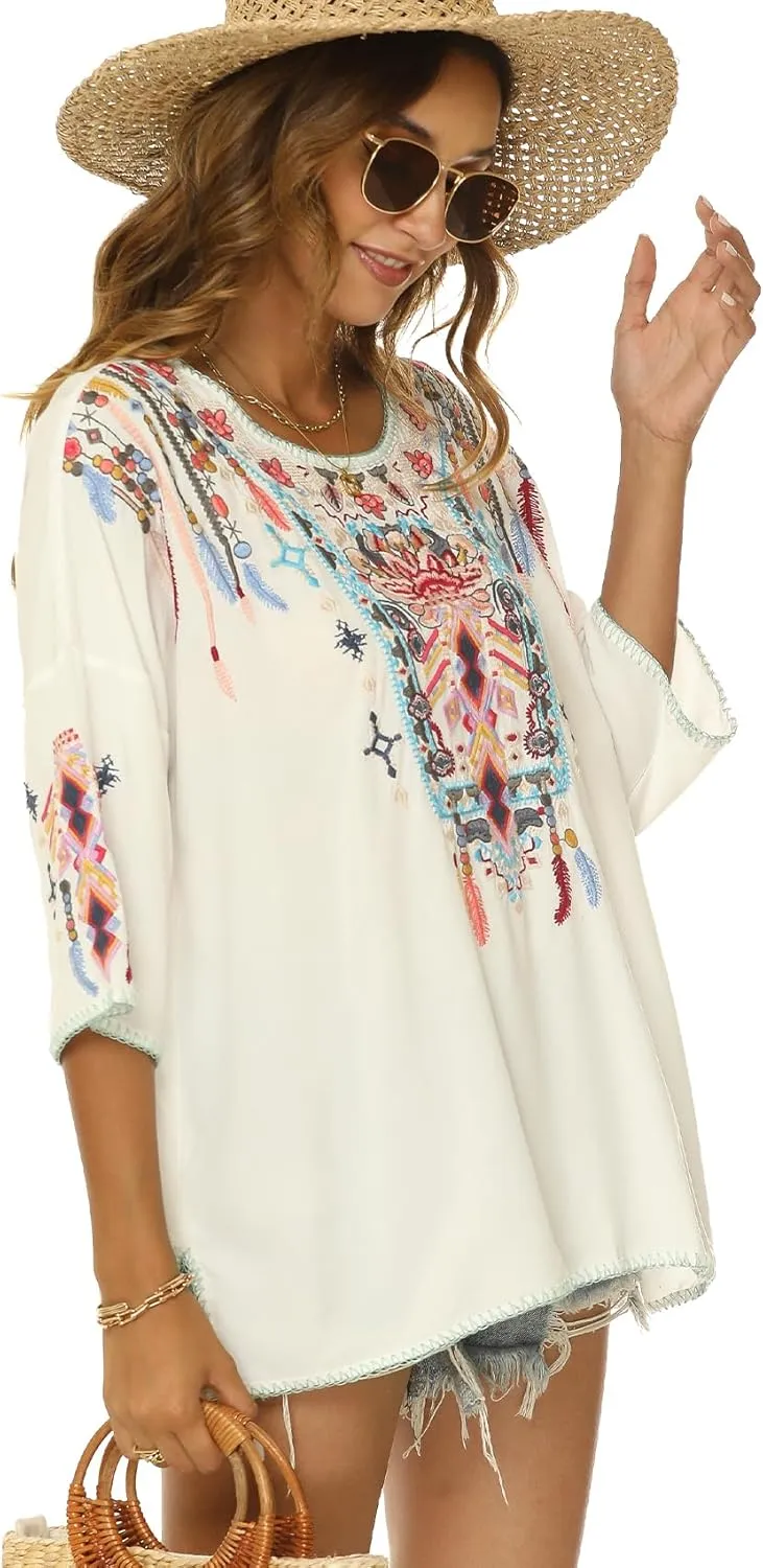 Higustar Mexican Embroidered Tops for Women Traditional Boho Tunics Bohemian Shirts Plus Size Peasant Clothes Blouses