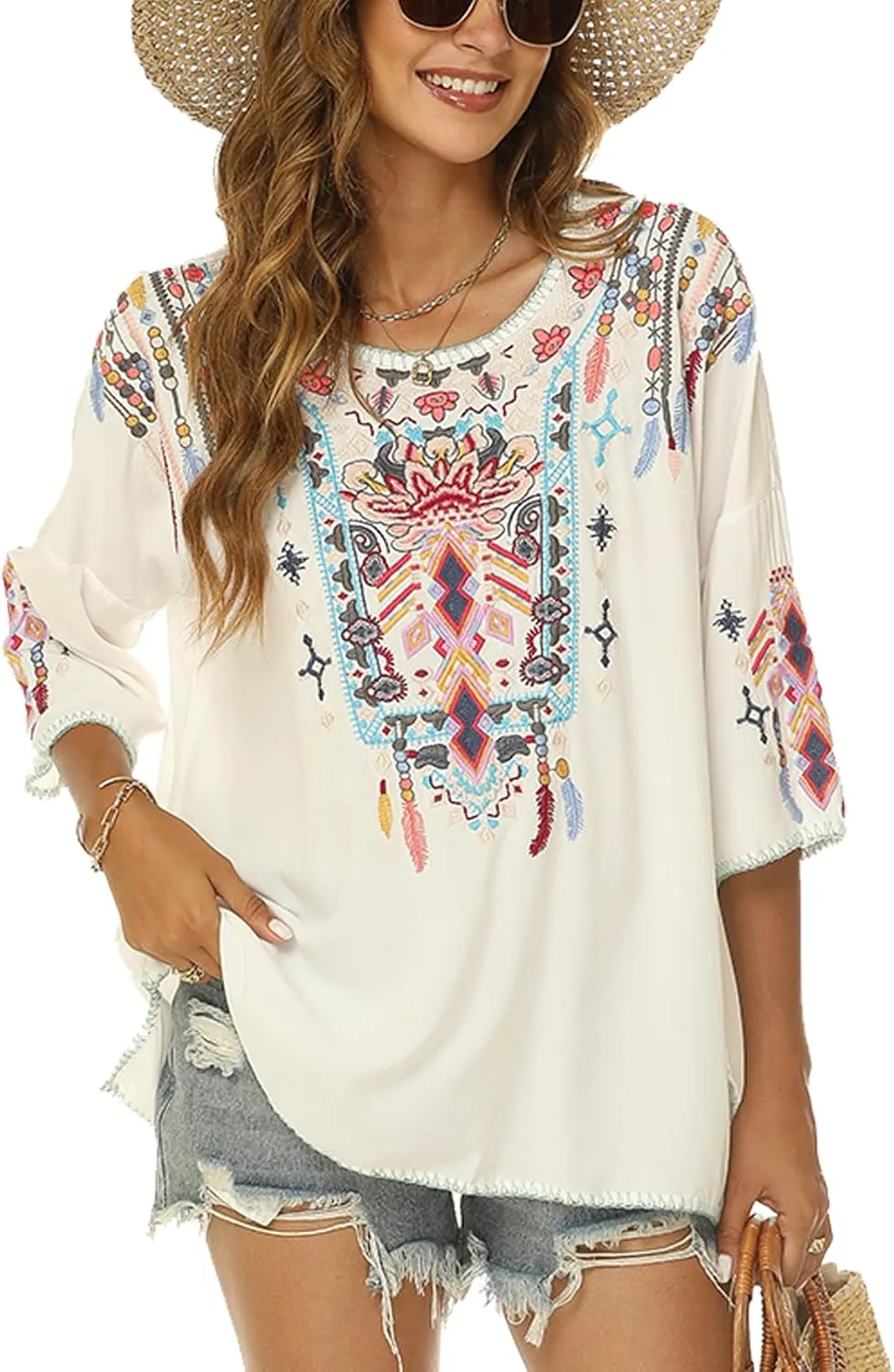 Higustar Mexican Embroidered Tops for Women Traditional Boho Tunics Bohemian Shirts Plus Size Peasant Clothes Blouses