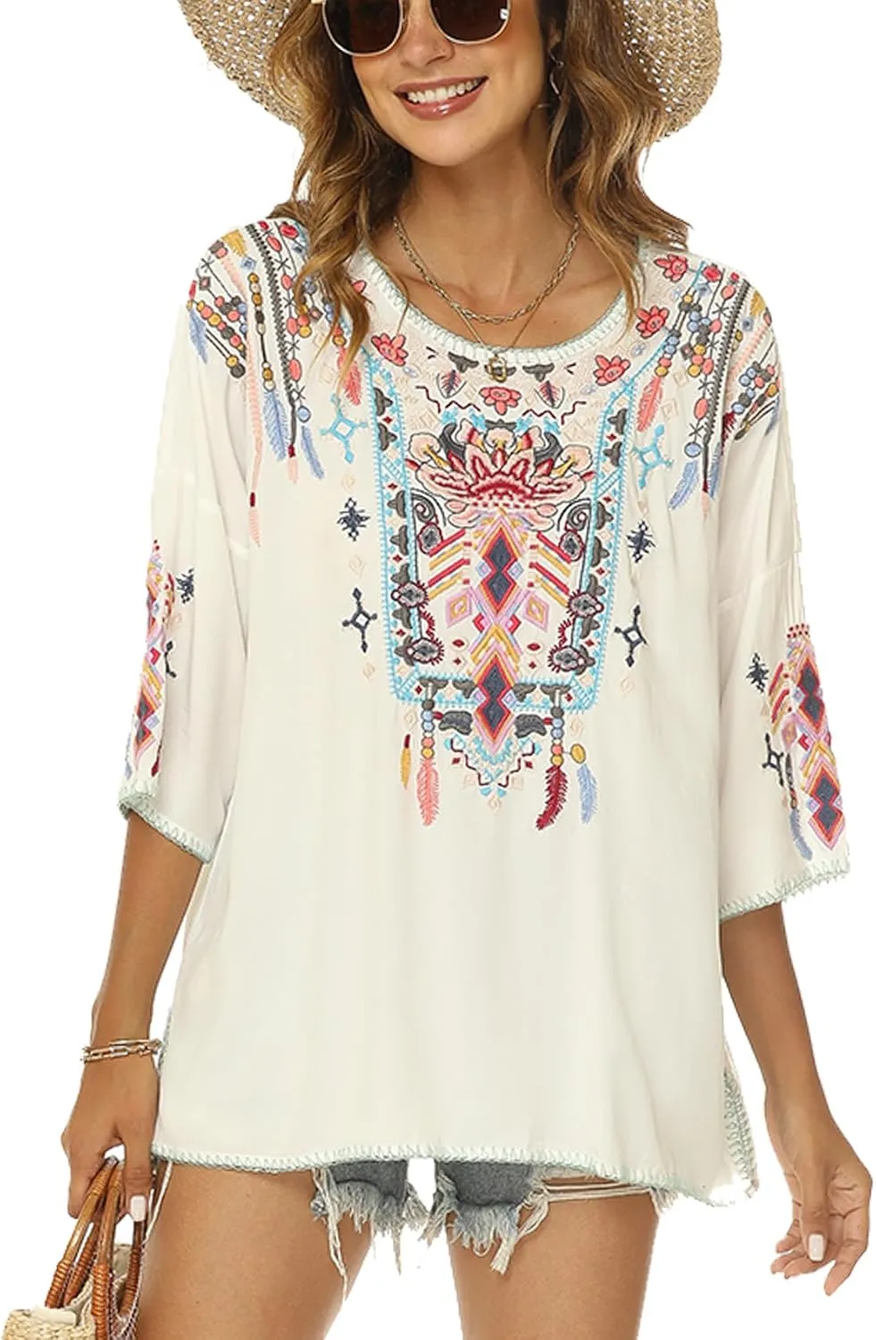 Higustar Mexican Embroidered Tops for Women Traditional Boho Tunics Bohemian Shirts Plus Size Peasant Clothes Blouses