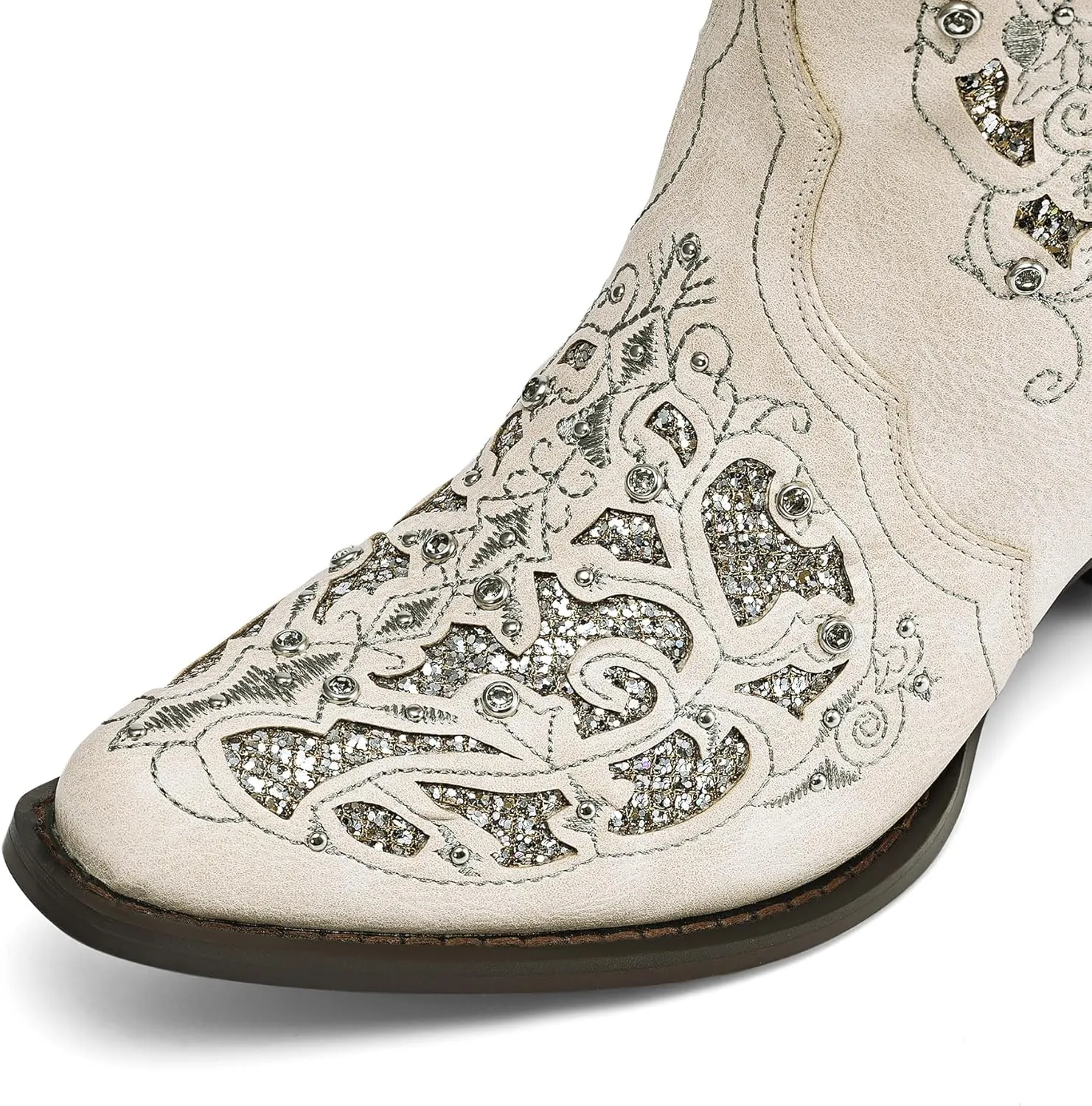 Huntarry Glitter Rhinestone Cowboy Boots For Women Sparkle Mid Calf Wedding Boots For Bride Square Toe Chunky Block Heel Western Cowgirl Boot