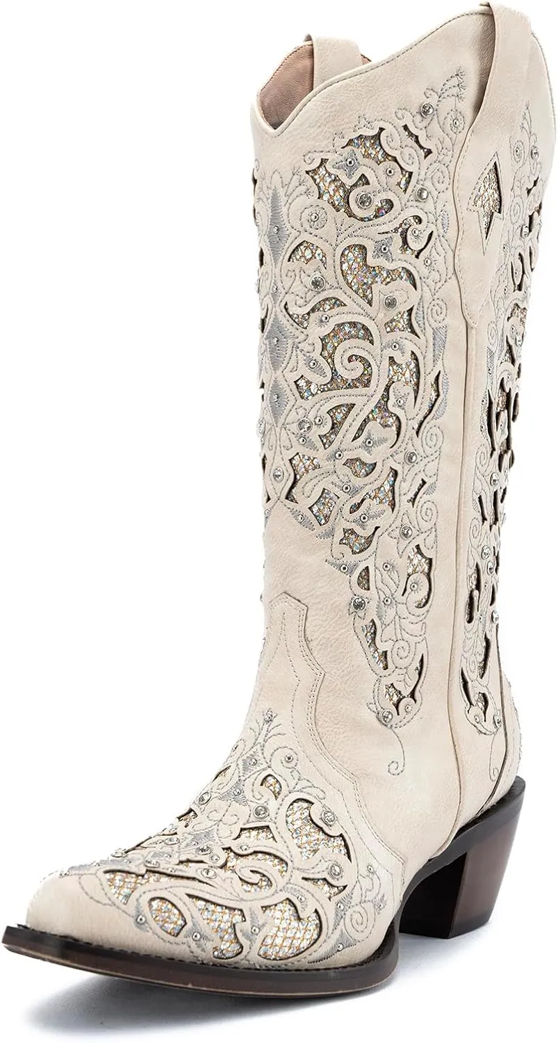 Huntarry Glitter Rhinestone Cowboy Boots For Women Sparkle Mid Calf Wedding Boots For Bride Square Toe Chunky Block Heel Western Cowgirl Boot