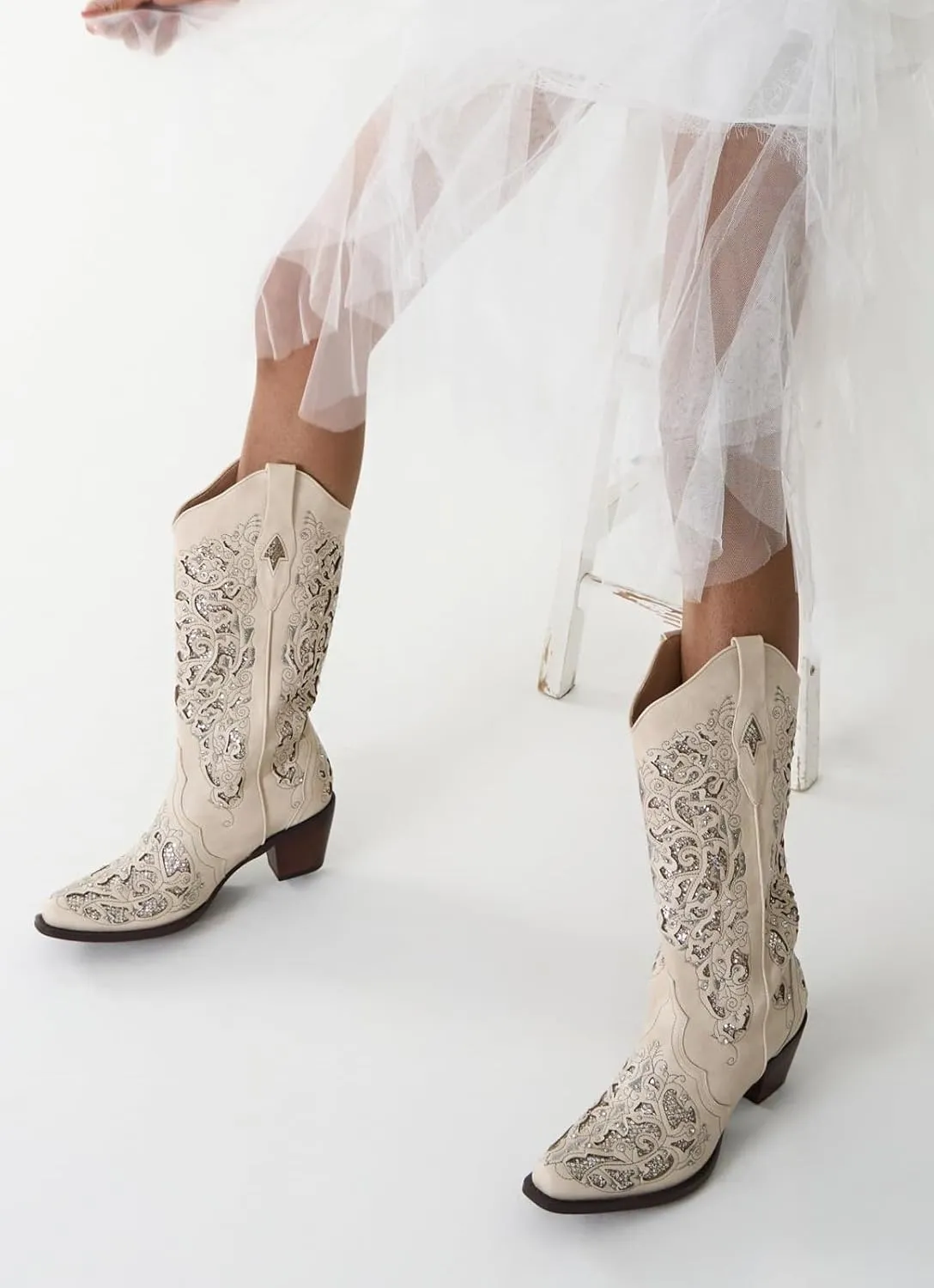 Huntarry Glitter Rhinestone Cowboy Boots For Women Sparkle Mid Calf Wedding Boots For Bride Square Toe Chunky Block Heel Western Cowgirl Boot