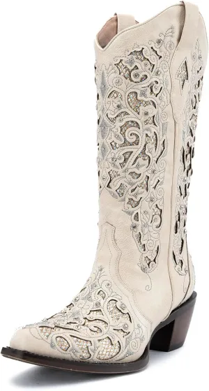 Huntarry Glitter Rhinestone Cowboy Boots For Women Sparkle Mid Calf Wedding Boots For Bride Square Toe Chunky Block Heel Western Cowgirl Boot