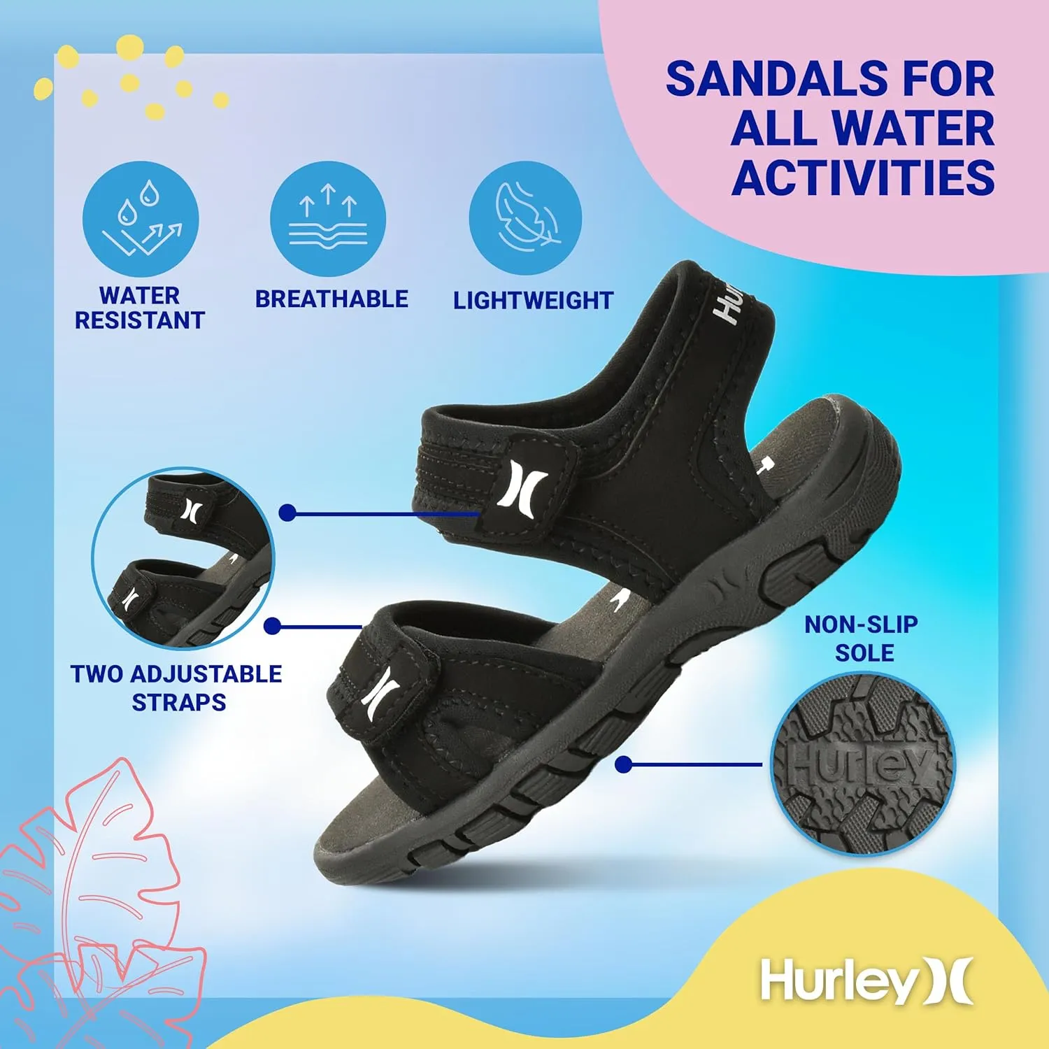 Hurley Loni Toddler Water Shoes, Beach Essentials, Girls and Boys Open Toe Sandals, Lightweight, Breathable and Two Adjustable Straps