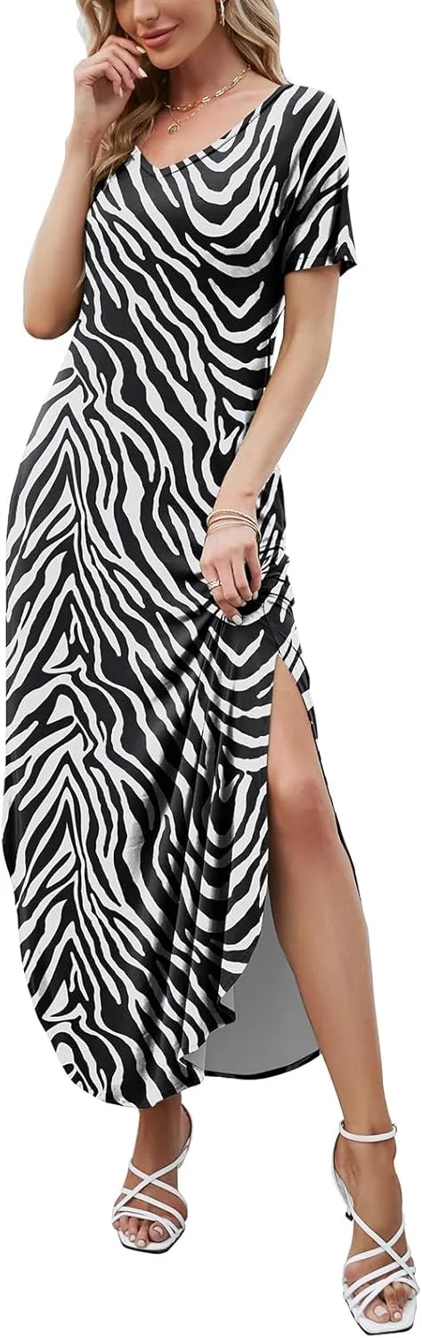 HUSKARY Women's Summer Maxi Dress Casual Loose Pockets Long Dress Short Sleeve Split Maxi Dresses